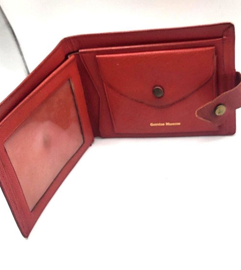 Vintage Red Leather Folding Wallet Snap-Button Pocket Gold Embossed Stamp